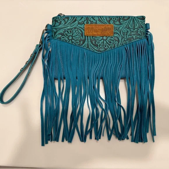 Wrangler Teal Fringe Crossbody/Wristlet Bag - Picture 3 of 10